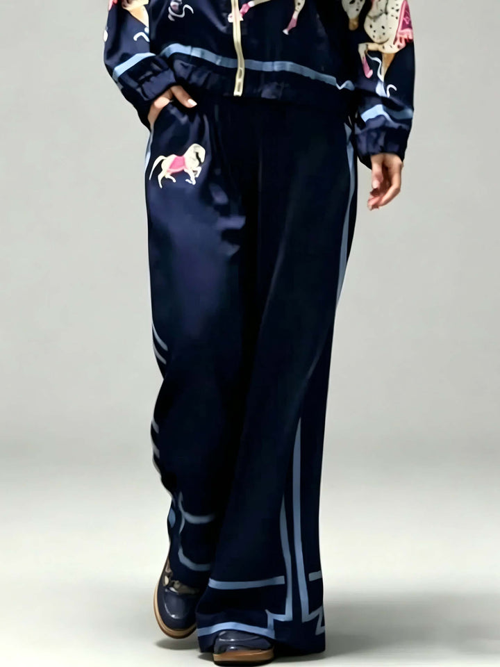 Exquisite Satin Horse Print Zip-Up Shirt
