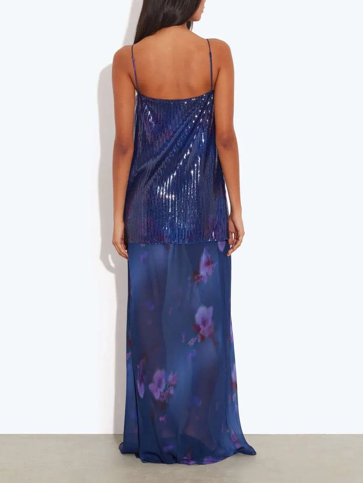 Elegant Sequined Spaghetti Strap Floral Print Maxi Dress