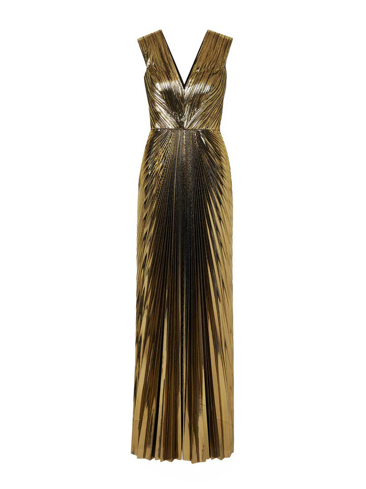 Elegant V-neck Gold Painted Pleated Maxi Dress