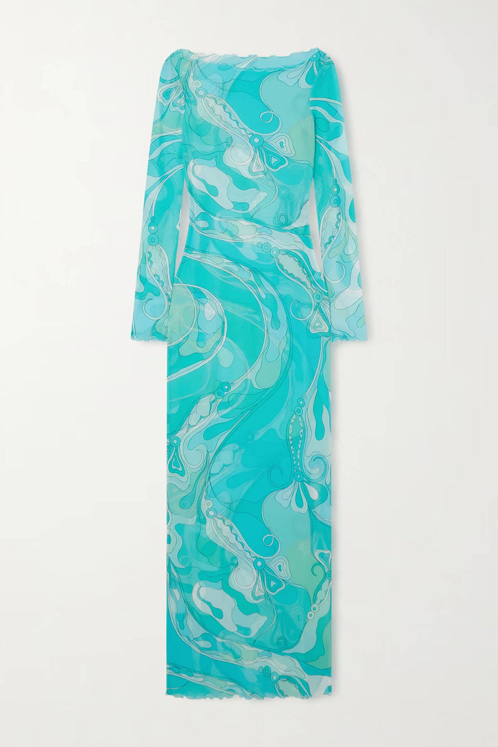 Exquisite Unique Ruffled Printed Tulle Maxi Dress