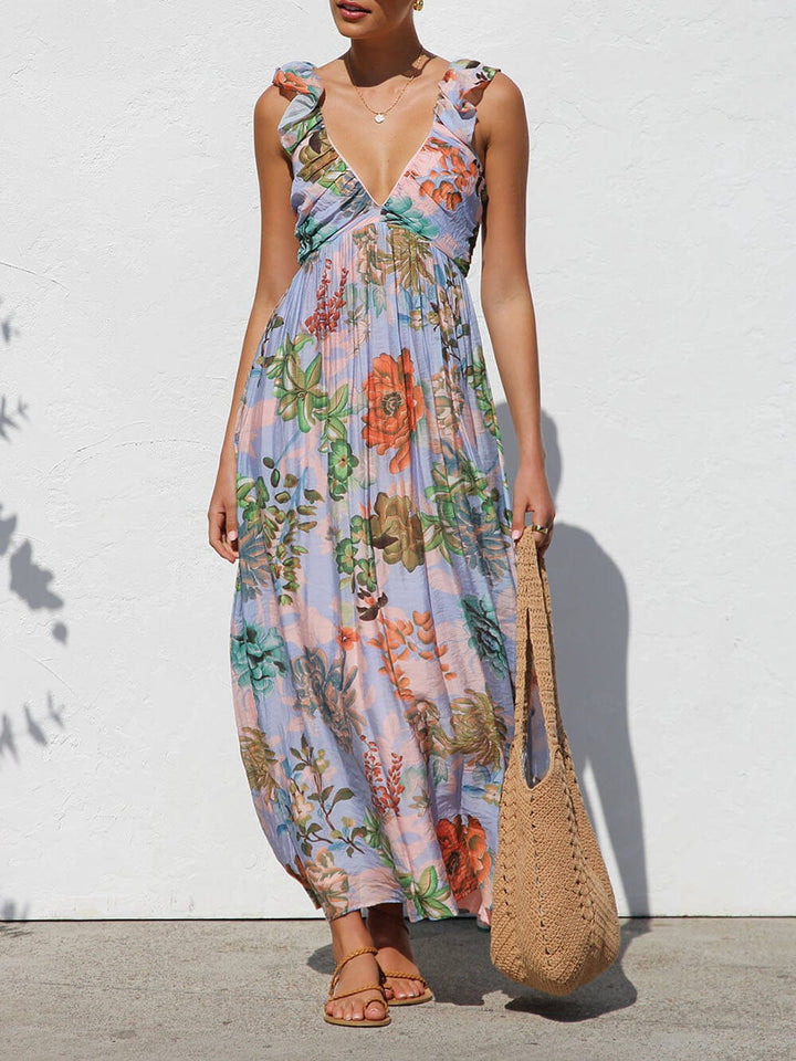 Beautifully Pleated Unique Floral Print Ruffle Sleeve Maxi Dress