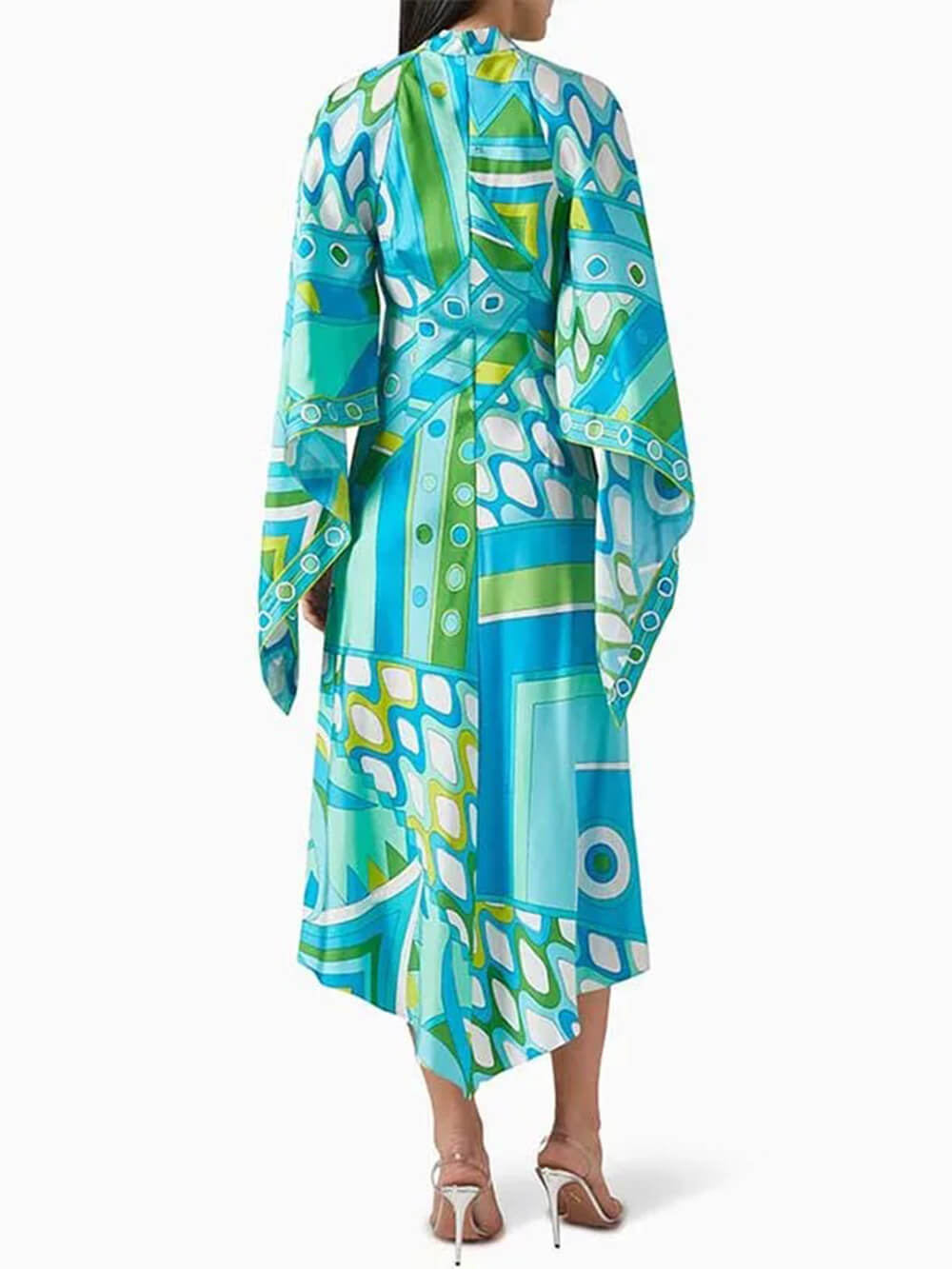 Elegant Button-Up Stand Collar Printed Loose Flared Asymmetrical Midi Dress