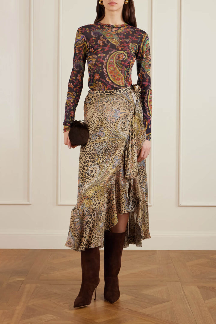 Unique Ruffled Leopard Print Paisley Satin Wrap Midi Skirt