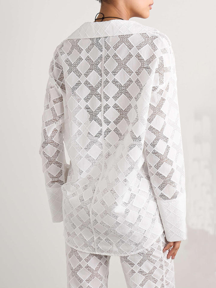 Unique Sheer Lace Panel Loose-Fit Button-Up Blouse
