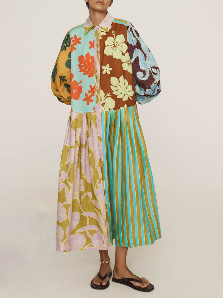 Modern Unique Floral Print Oversized Patchwork Shirtdress