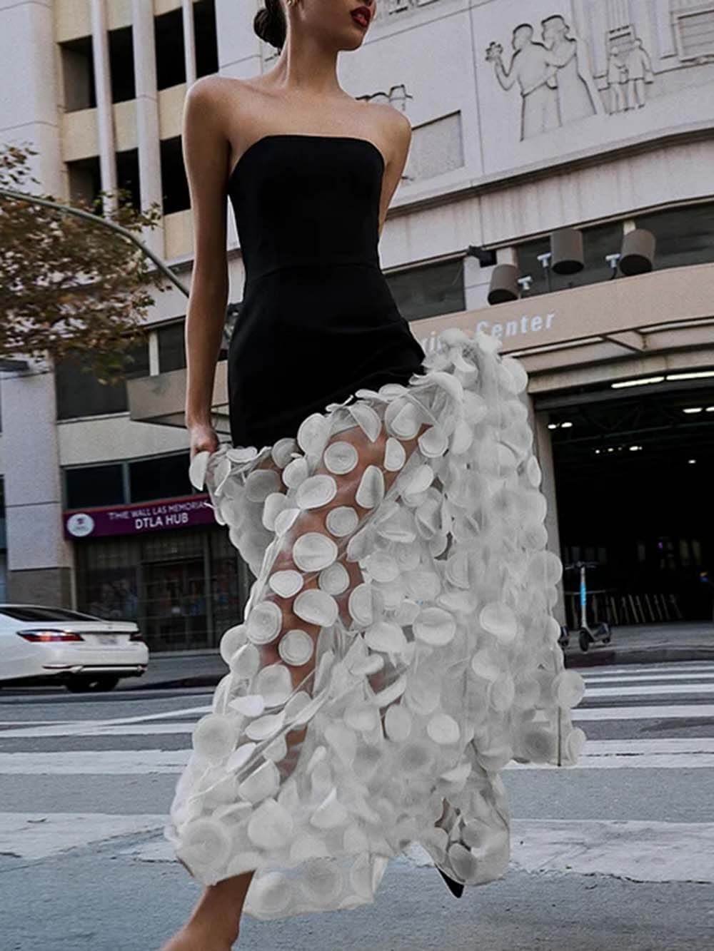 Elegant Black And White Tube Top Three-Dimensional Flower Pettiskirt Dinner Dress