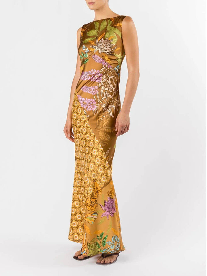 Exquisite Floral Print Satin A-Line Flared Maxi Dress