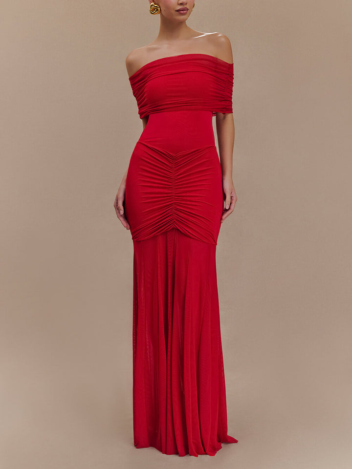 Exquisite Alluring Off-Shoulder Mesh Ruched Bodycon Maxi Dress