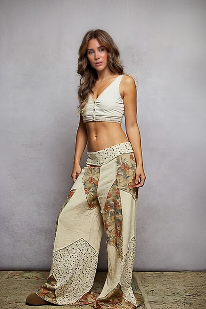 Bohemian Floral Print Patchwork Wide-Leg Pants