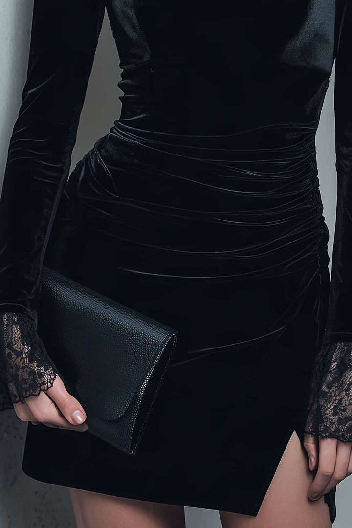 Exquisite Velvet Lace-trimmed Square Neck Slim-fit Mini Dress