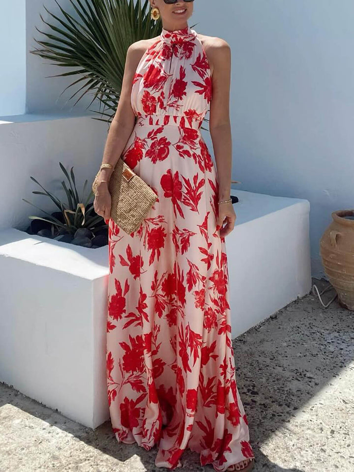 Exquisite Floral Print Waisted Holiday Maxi Dress