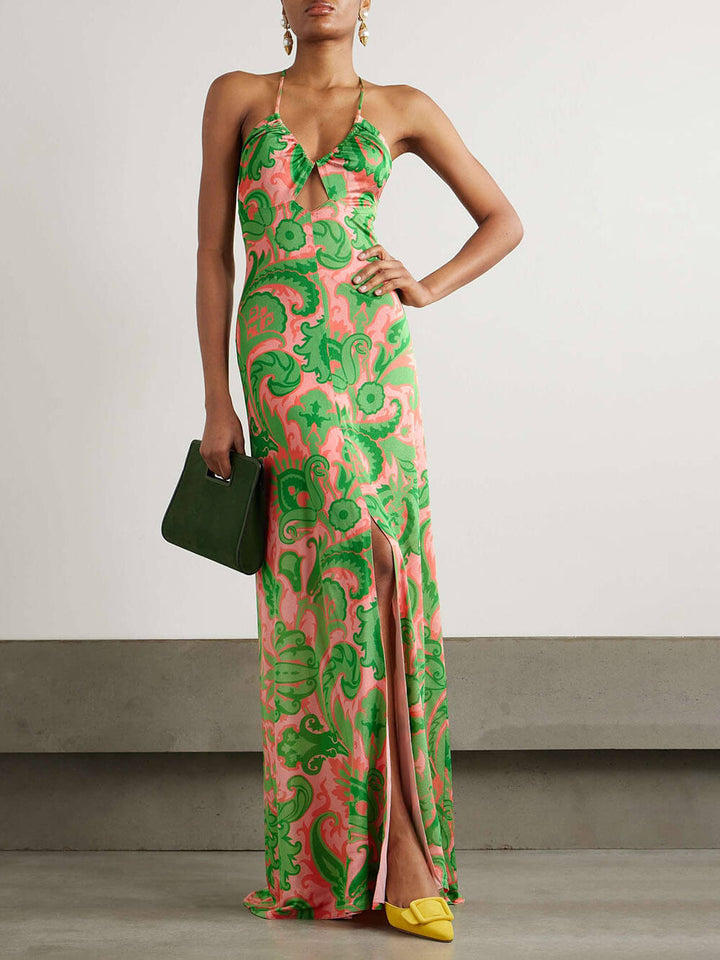 Beautiful Cutout Printed Satin Maxi Dress