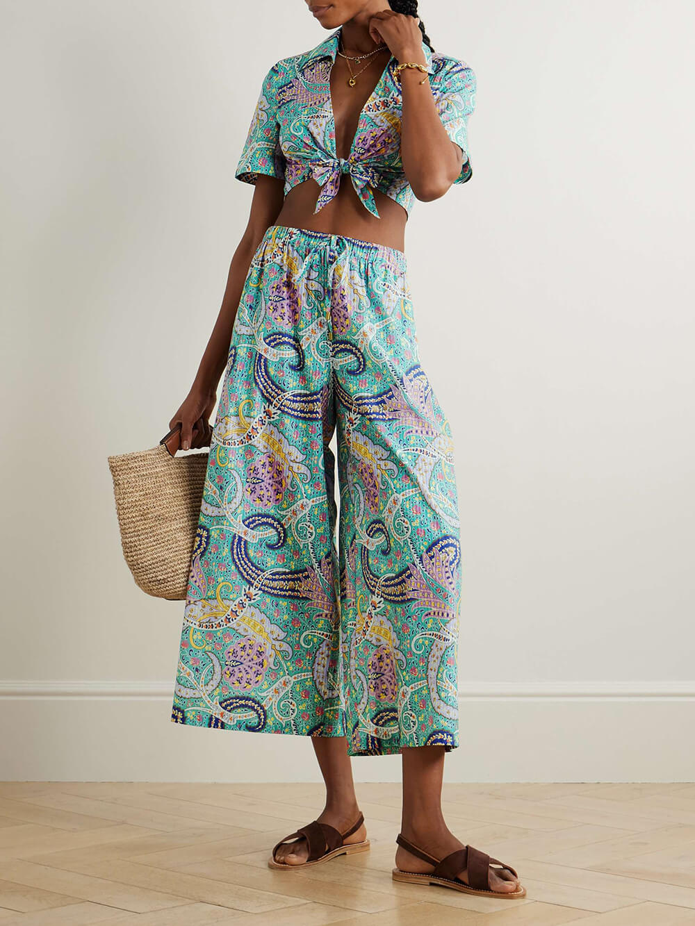 Unique Ethnic Print Knotted Short Shirt