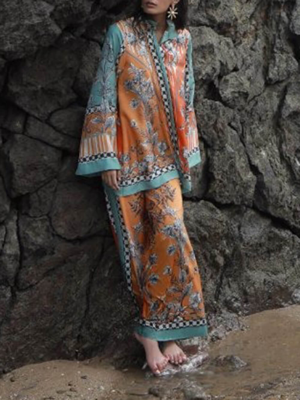 Exquisite Satin Floral Print Patchwork Elastic Waist Loose Pants