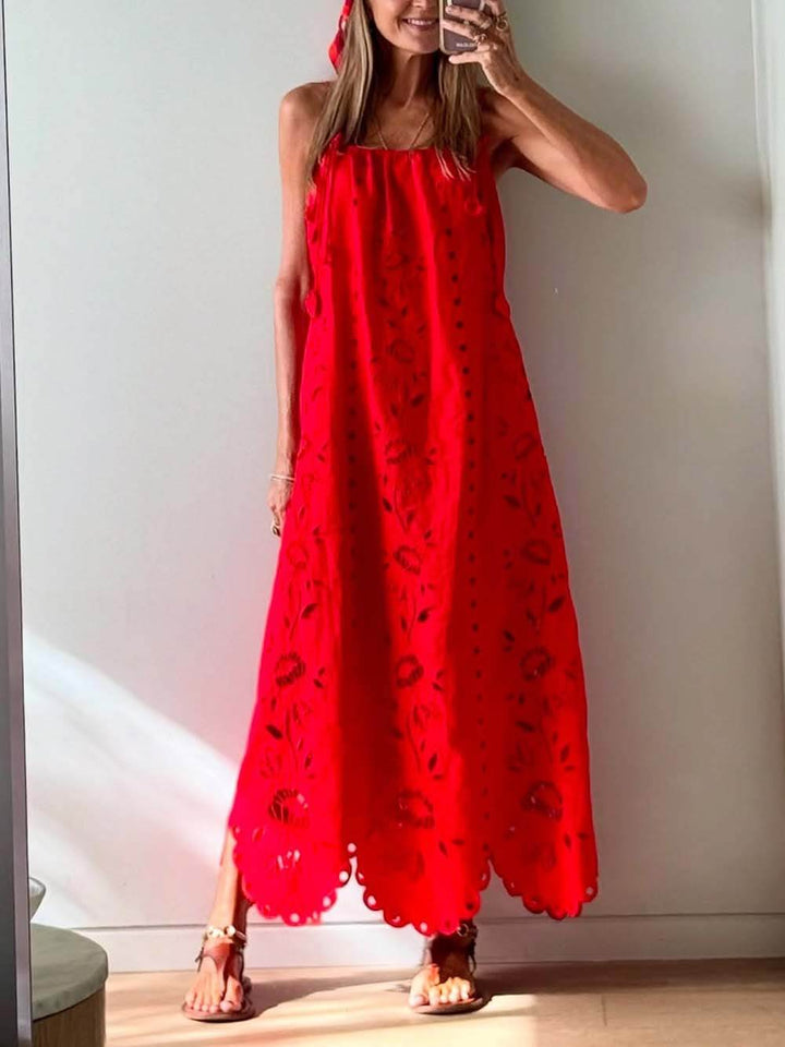 Elegant Lace-Trim Crochet Linen-Blend Midi Dress