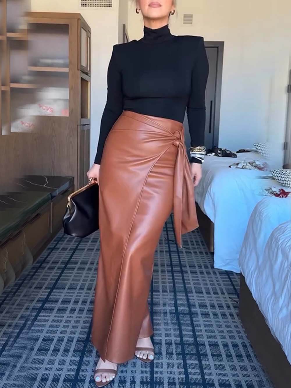 Casual Chic Faux Leather High-Waist Wrap Tie Stretch Maxi Skirt