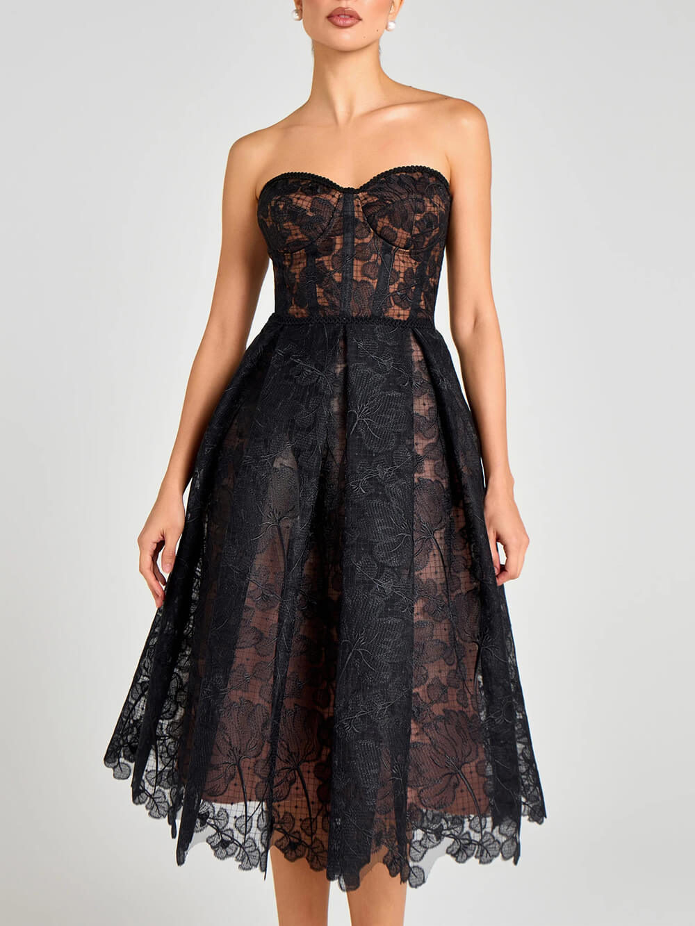 Exquisite Black Off-Shoulder Mesh Lace Cutout Midi Dress