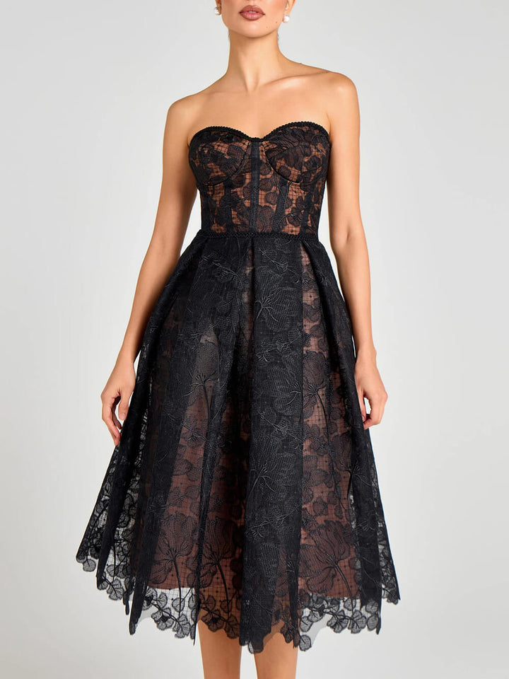 Exquisite Black Off-Shoulder Mesh Lace Cutout Midi Dress