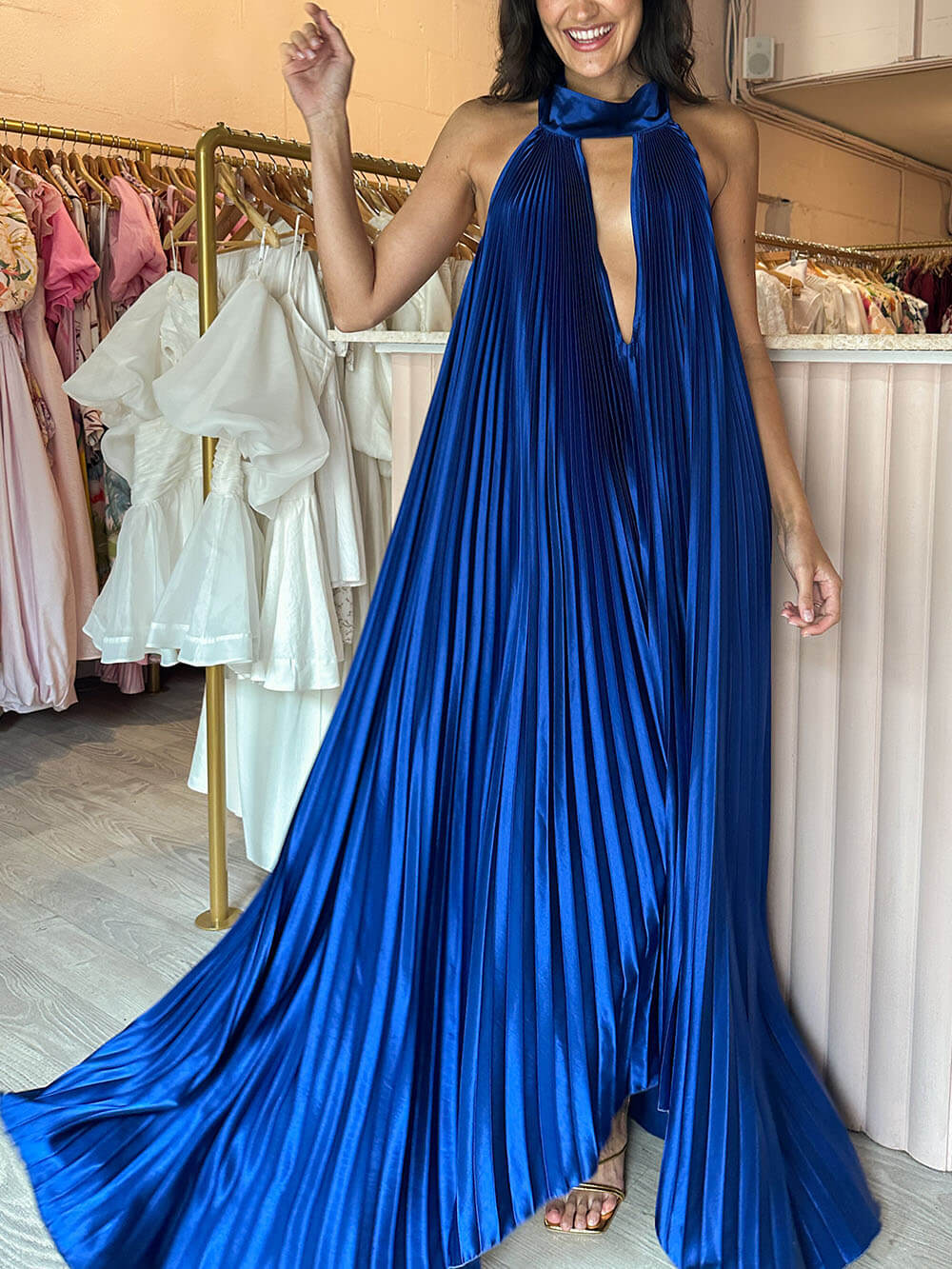 Unique Pleated Hollow Swing Opera Gown Maxi Dress