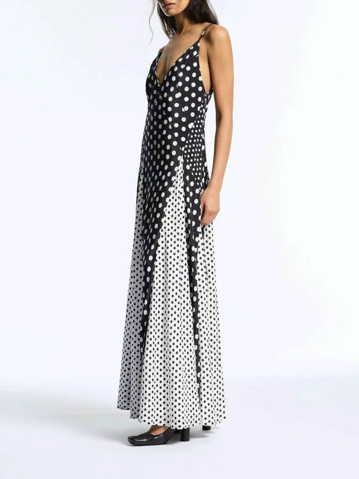 Elegant Color-Block Polka Dot Print Spaghetti Strap A-Line Maxi Dress