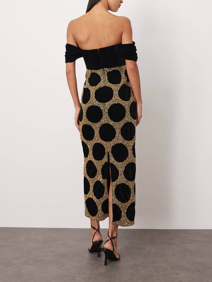 Elegant Black Draped Off-Shoulder Polka Dot Midi Dress