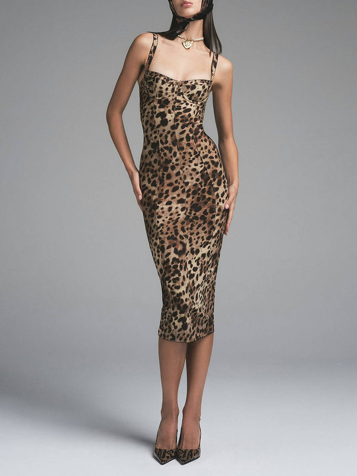 Sexy Suspender Low-cut Leopard Print Midi Dress