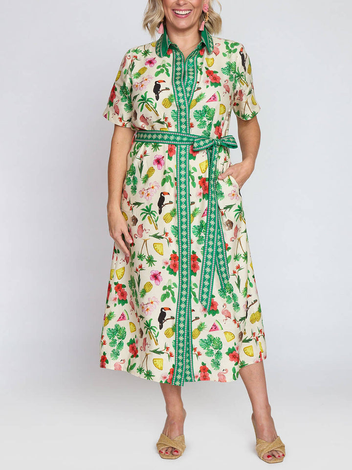 Modern Fruity Floral Unique Print Loose Tie Midi Shirtdress