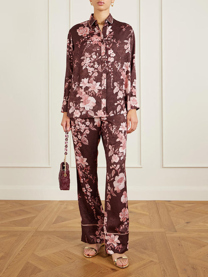 Exquisite Floral Print Satin Button-Up Shirt
