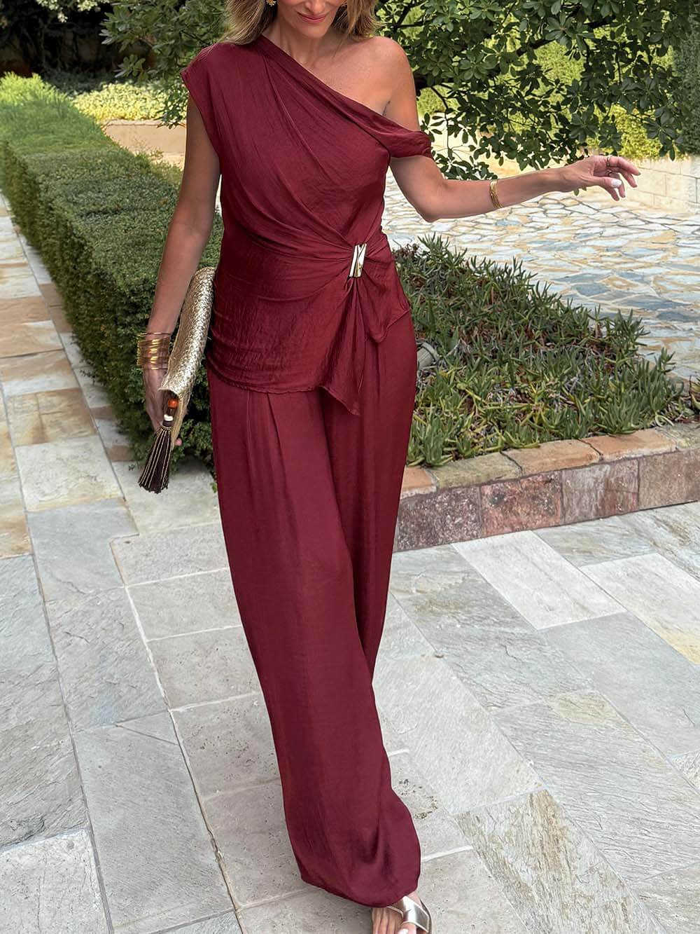 Casual Ruched High-Waist Wide-Leg Pants