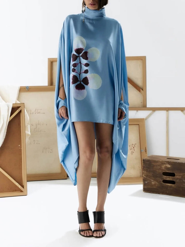 Exquisite Satin Floral Print Pleated High-neck Batwing Cutout Sleeve Loose Mini Dress