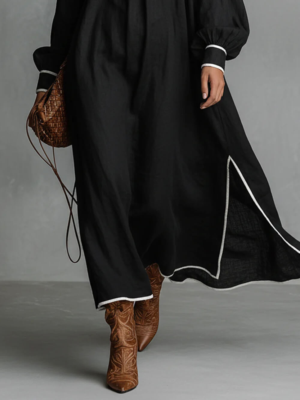 Casual Loose Linen Contrast Trim White Piping Slit Maxi Dress