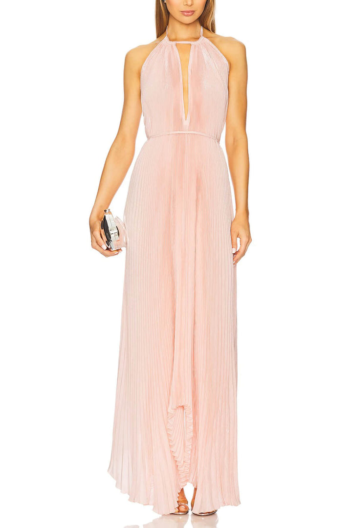Bohemian Pleated Halter Neck Backless Tie-Waist Maxi Dress