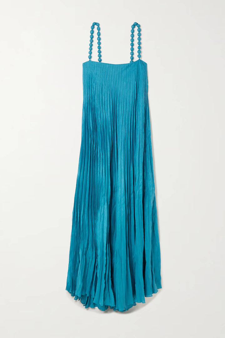 Elegant Beaded Pleated Linen Maxi Dress