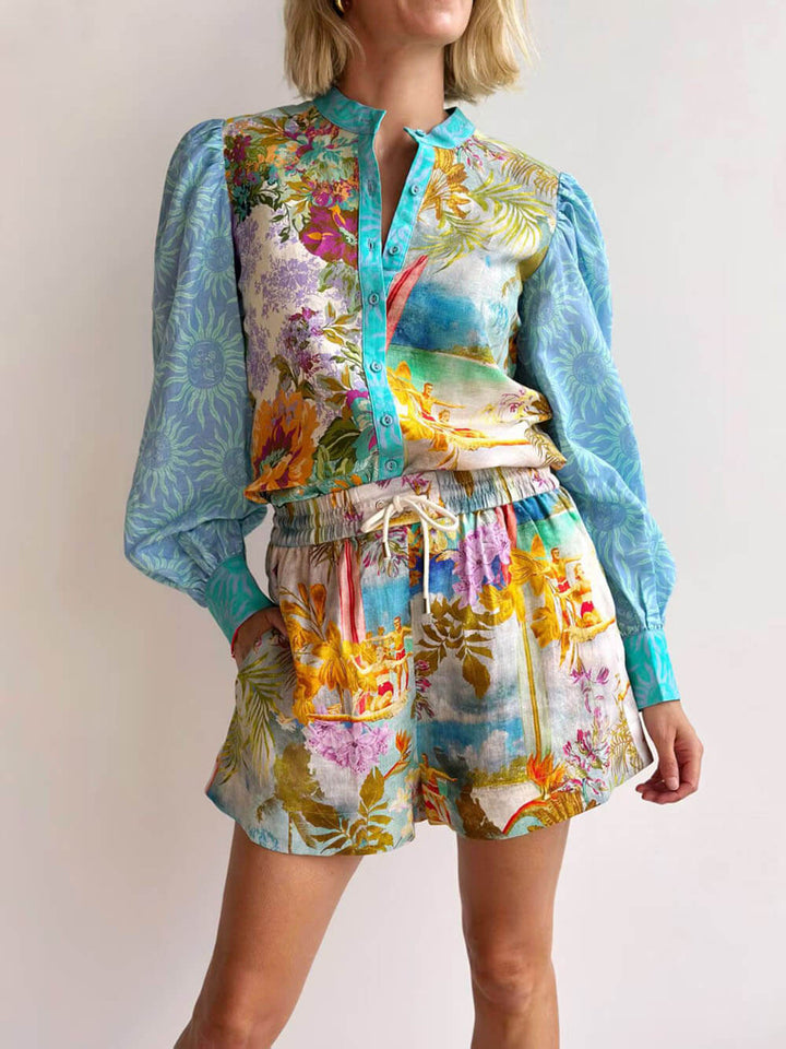 Classic Unique Print Linen Long-Sleeved Shirt And Shorts Set