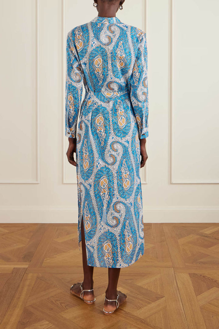 Unique Tie-Waist Paisley Print Midi Shirt Dress