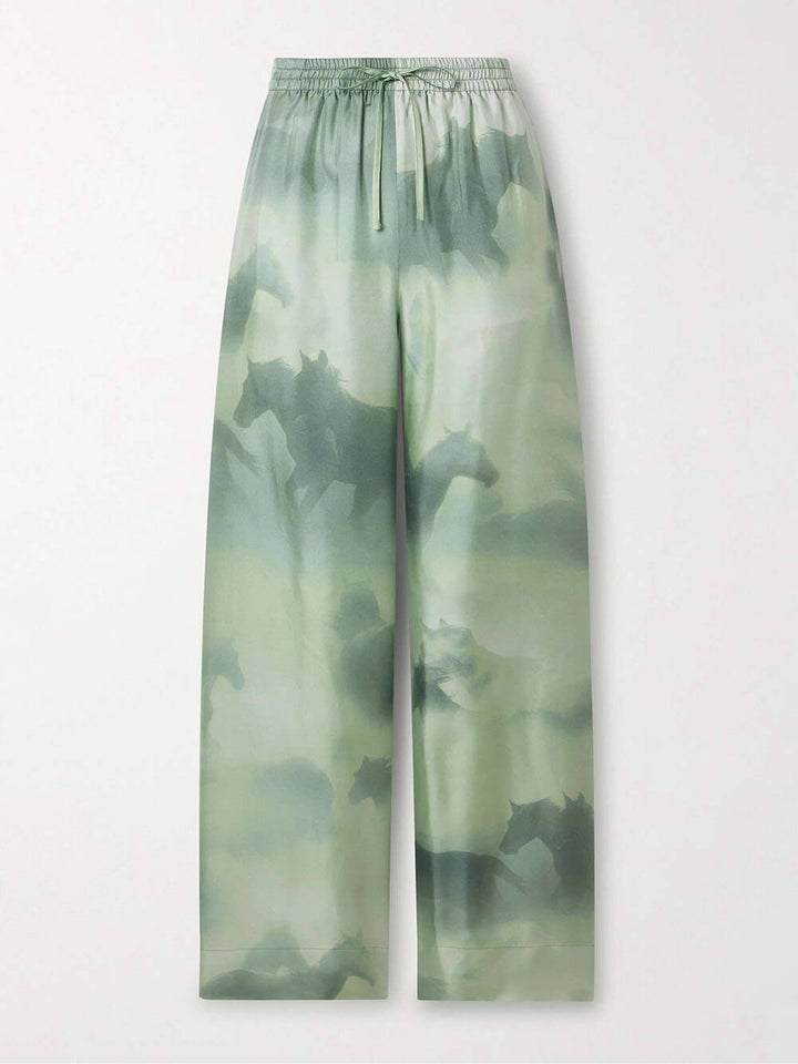 Chic Satin Oversized Printed Twill Elastic Waist Tie Pocket Pants