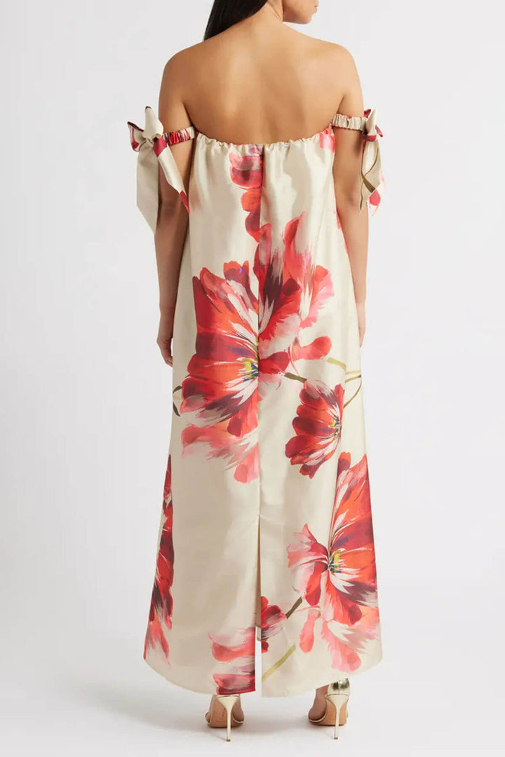 Delicate Floral Print Bow Off the Shoulder Maxi Dress