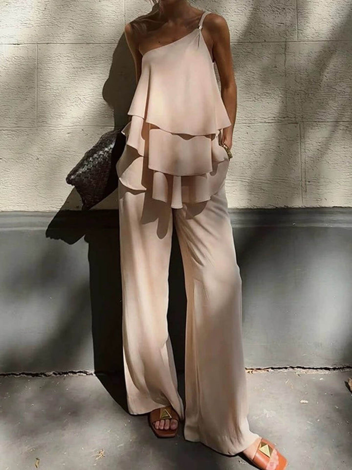 Fashionable And Elegant Solid Color One-Shoulder Collar Layered Vest Top Wide-Leg Pants Two-Piece Set