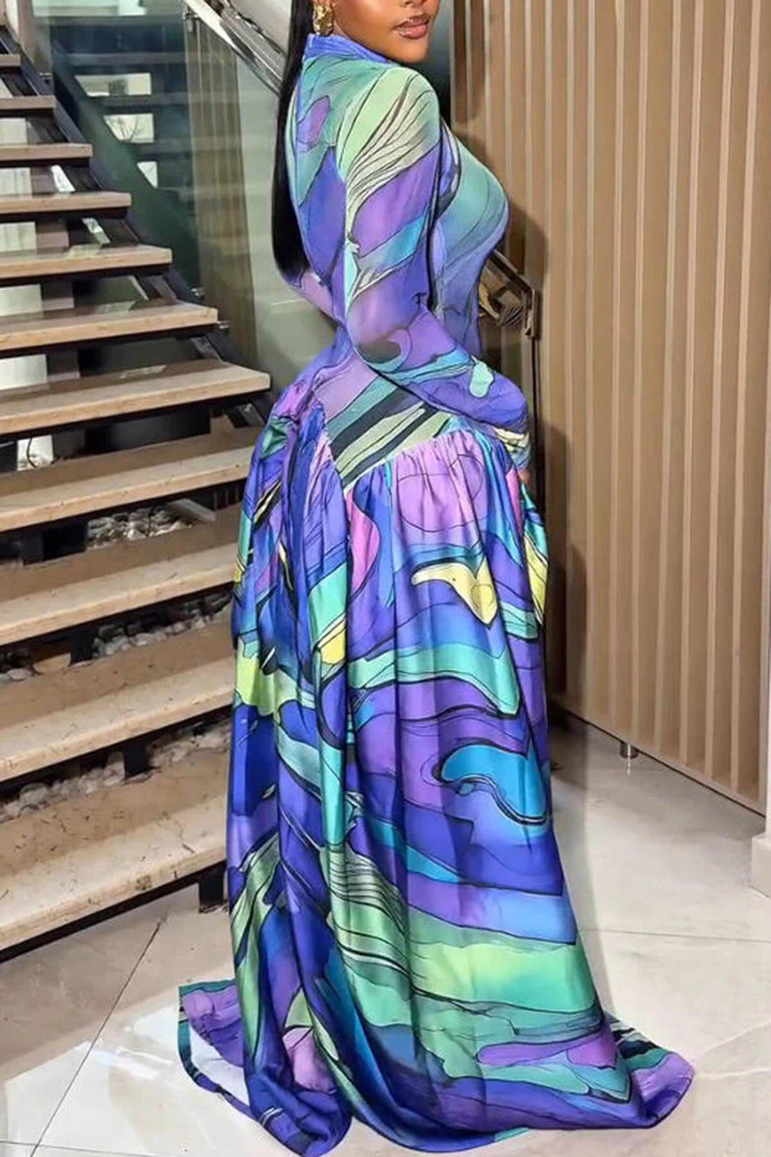 Unique Artistic Print Ruched Maxi Dress