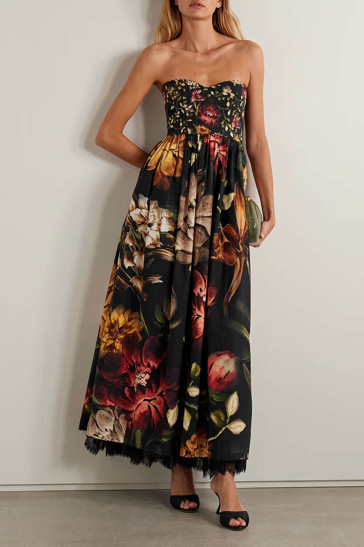 Exquisite Strapless Lace-Trimmed Printed Pleated Midi Dress