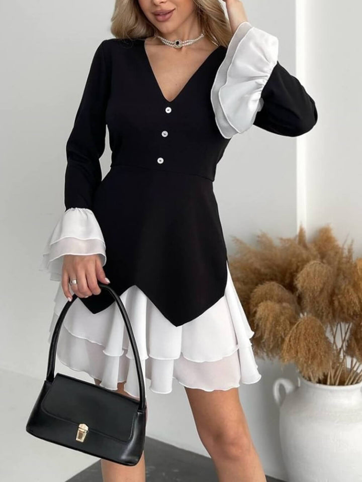 Fashion Colorblock Color Panel Long Sleeve Ruffled Mini Dress