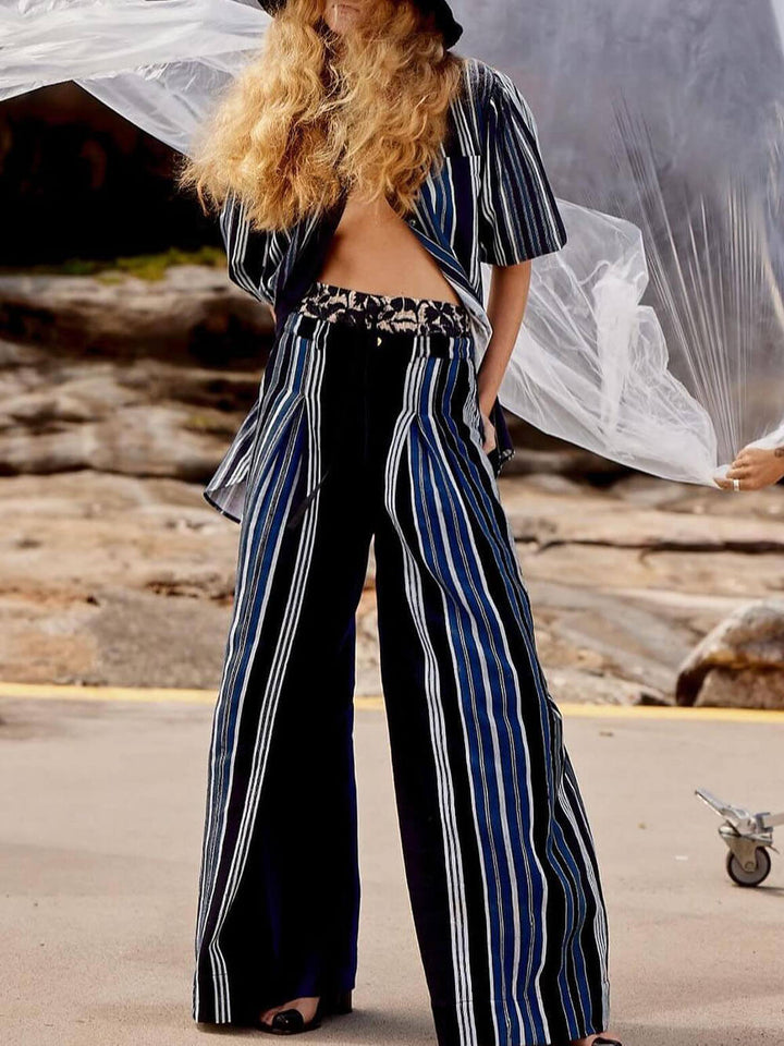 Retro Unique Striped Patchwork Print Elastic Pocket Loose Wide-Leg Pants