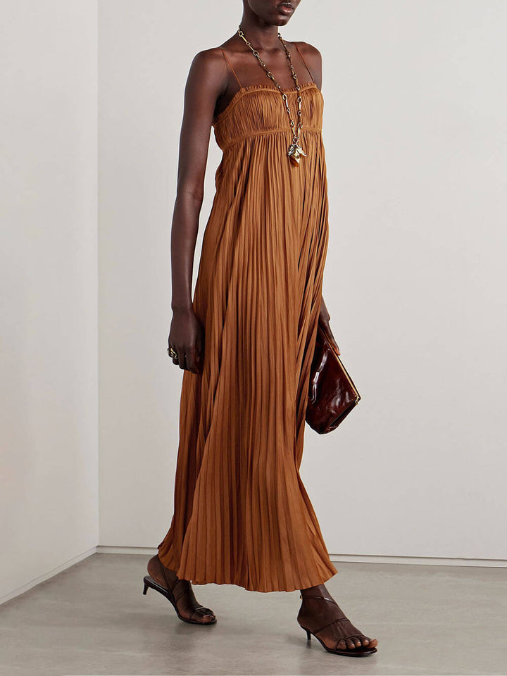 Elegant And Flowing Copper Pleated Slip Dress