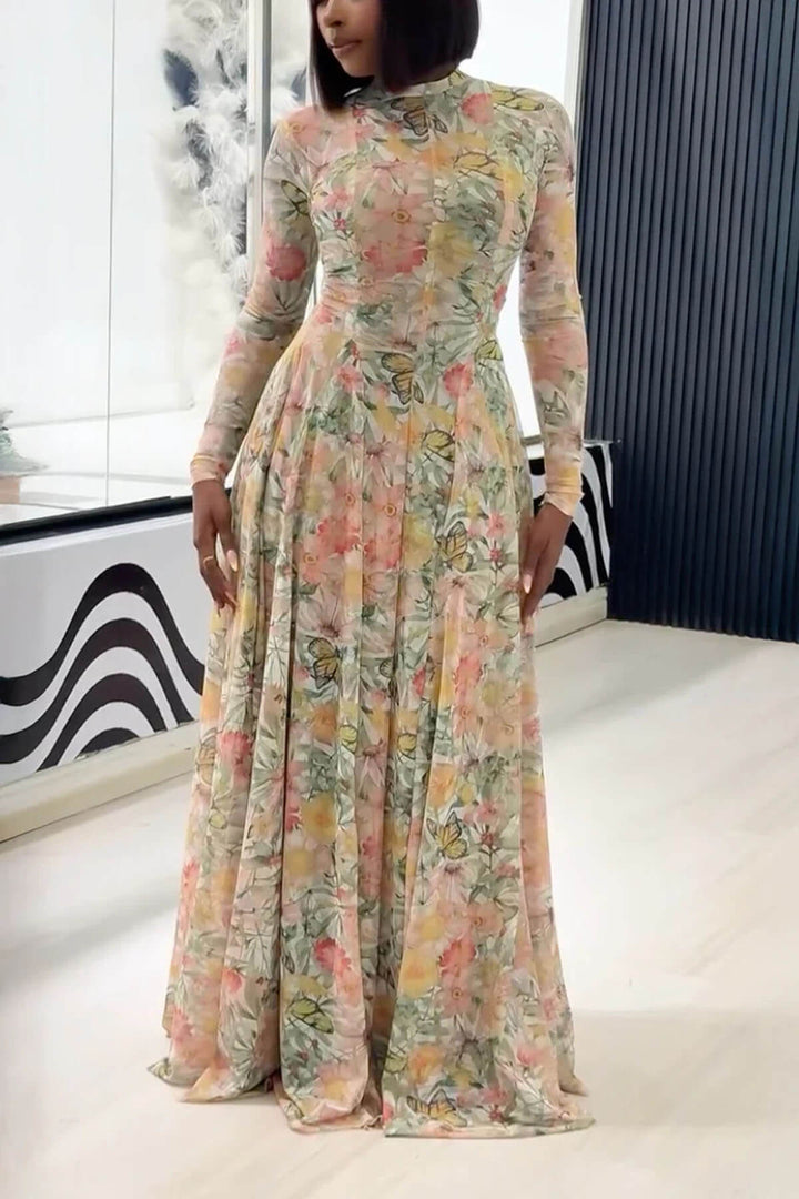 Elegant Floral Butterfly Print Maxi Dress