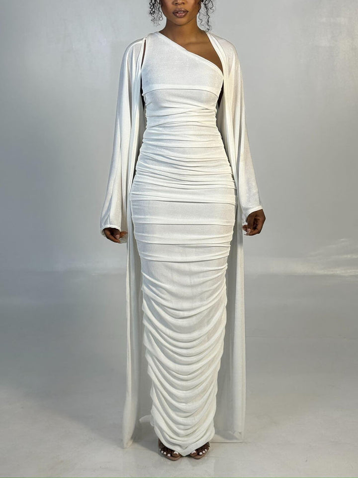 Elegant One-Shoulder Ruched White Maxi Dress with Long-Sleeve Cardigan Set