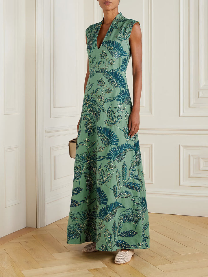 Elegant Leaf-Print V-Neck A-Line Maxi Dress
