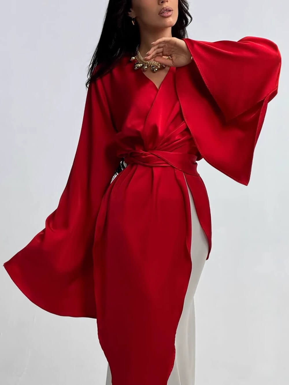 Elegant Satin Red & White Color-Block Bell Sleeve Gown Maxi Dress