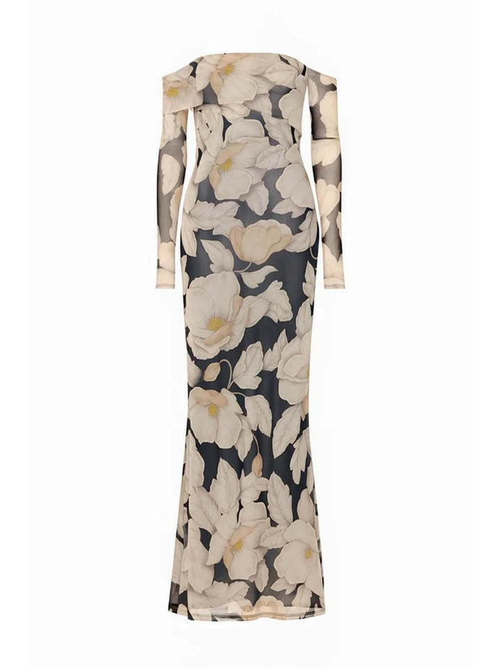Elegant Floral Print Off-Shoulder Mesh Maxi Dress