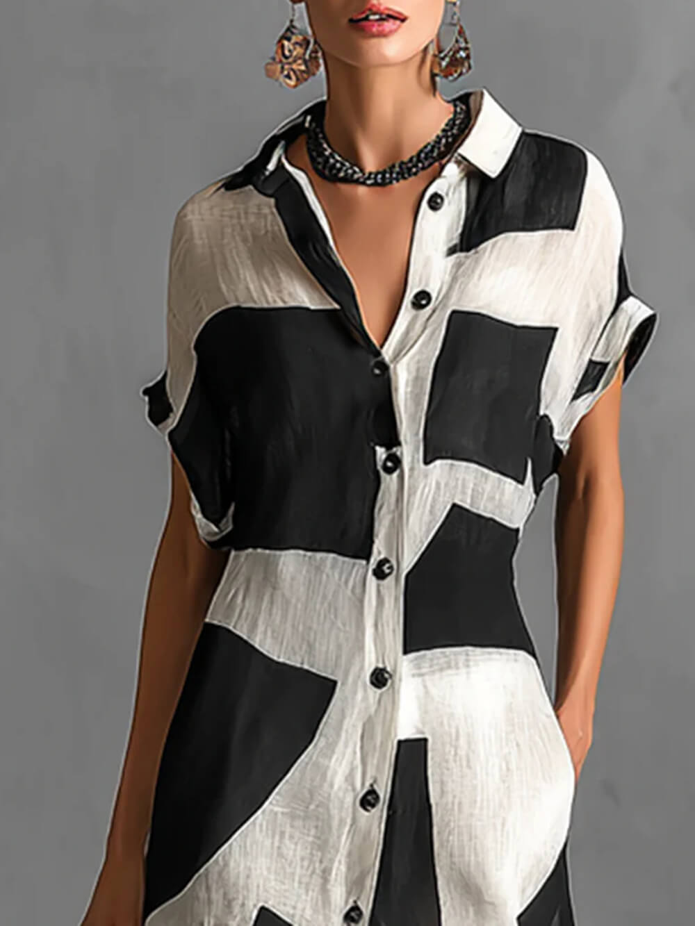 Exquisite Irregular Geometric Print Lapel Single-Breasted Short-Sleeved Maxi Shirt Dress