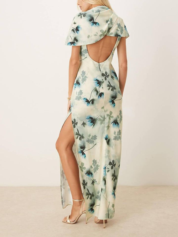 Exquisite Floral Print High Neck Cape Drape Bodycon Maxi Dress